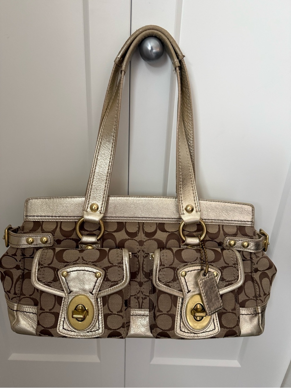 Coach Y2K Legacy Signature Canvas & Gold Metallic Leather Turnlock Satchel